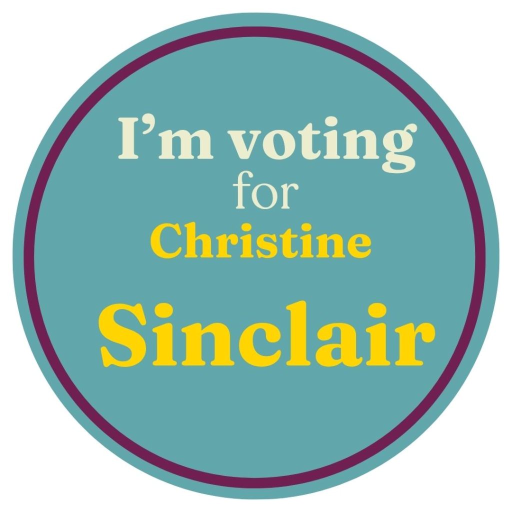 Teal circle with the text "I'm voting for Christine Sinclair"